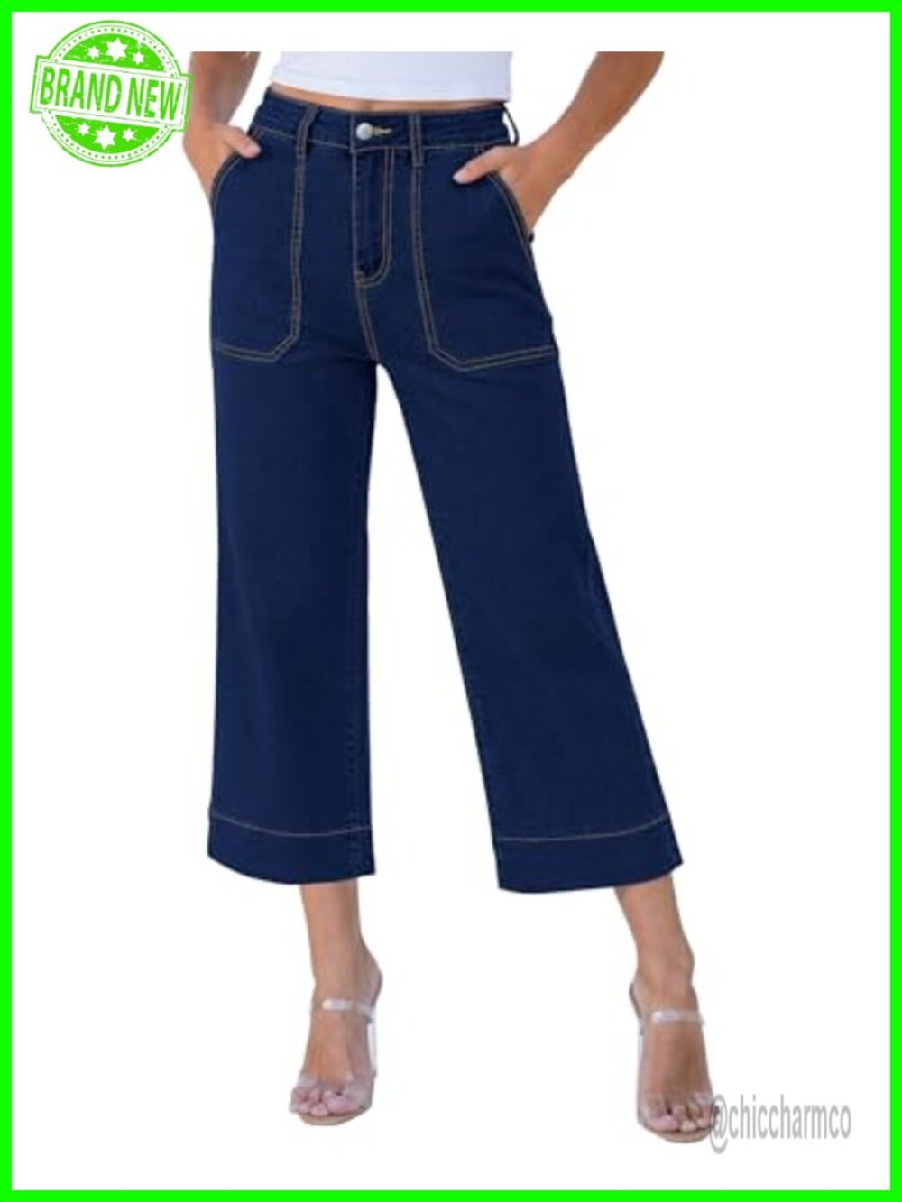 Wide Leg High Waisted Capri Jeans Patch Pocket Cropped Denim Pants